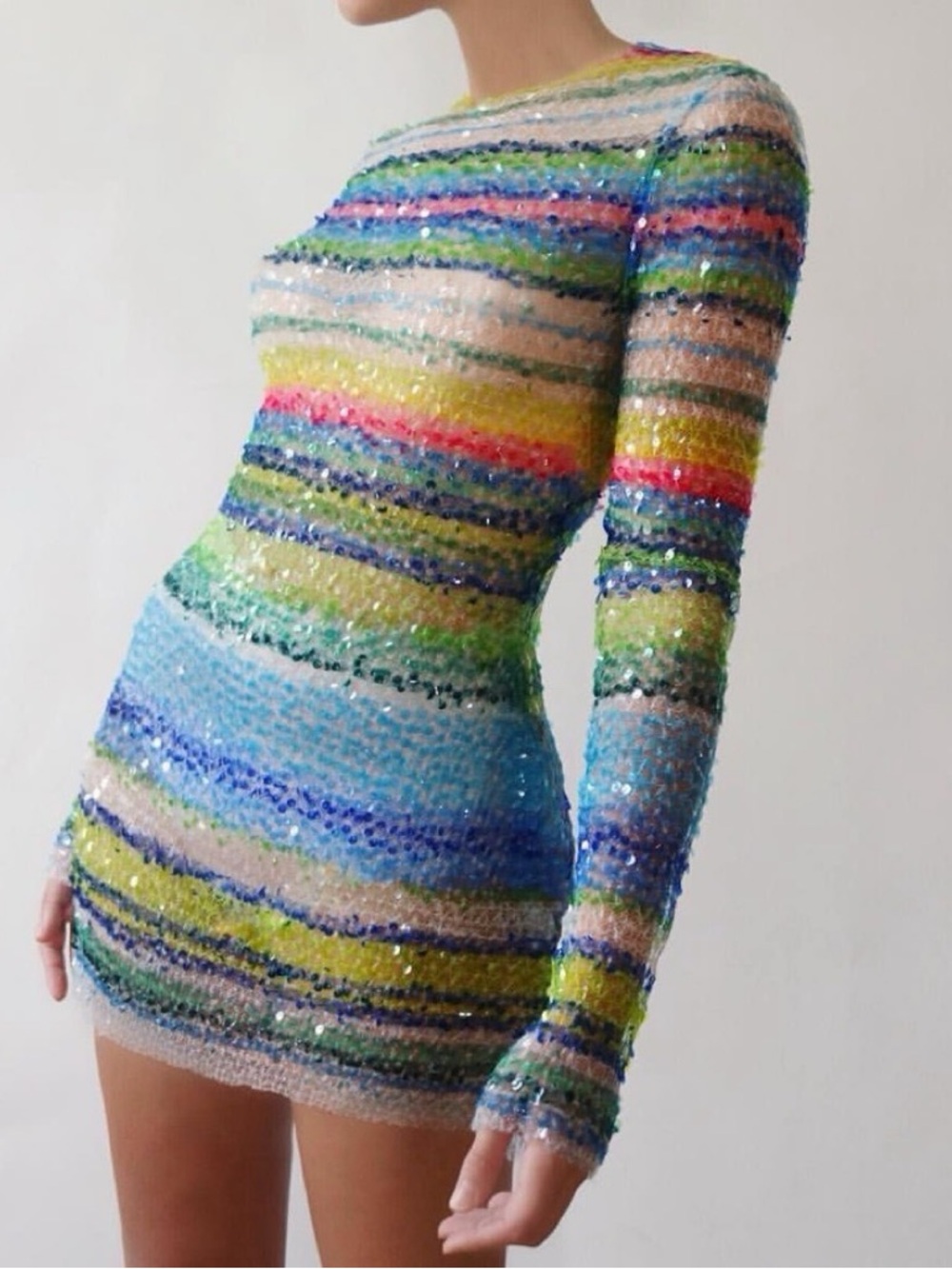 Lirika Matoshi rainbow sequin stripe semi-sheer dress size S small NEW